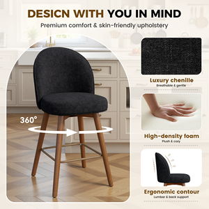Chaise de bar pivotante avec dossier ergonomique et pieds en bois massif, tabouret rembourré en chenille avec repose-pieds en métal pour îlot de cuisine - Product Image 2