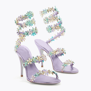 Sandales à talons aiguilles pour femmes, avec fleurs en cristal et spirales, motif marguerite irisée, à enrouler autour de la jambe, motif floral, vente en gros, OEM, personnalisées - Product Image 2