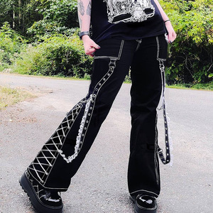 Pantaloni dritti con lacci estetici da <span class=keywords><strong>donna</strong></span> gotici larghi in jeans con lacci e Patchwork Dark Academia Streetwear Punk - Product Image 2