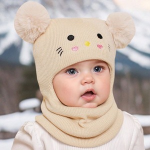 Bonnet d'hiver pour tout-petits, écharpe, cagoule, <span class=keywords><strong>masque</strong></span> de <span class=keywords><strong>ski</strong></span>, bonnet tricoté à capuche, col protecteur pour le cou avec pompon pour enfants - Product Image 5