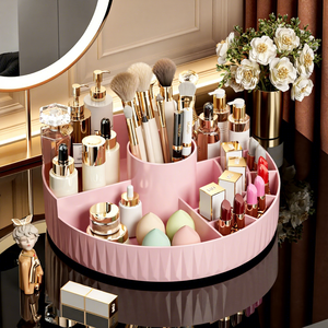 Round Pink Plastic Makeup Organizer Tray Rotatable Cosmetic <b>Storage</b> Box Vanity Brush Holder Lipstick Display for <b>Dressing</b> <b>Table</b> - Product Image 1
