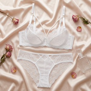 Conjunto de sujetador con aros y bragas de encaje blanco, talla grande, transparente, lencería romántica transpirable para mujer - Product Image 3