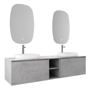 Mueble de Baño Moderno y Elegante con Espejo LED Flotante de Doble Lavabo, Encimera de Porcelana, Múltiples Cajones, Lavabo de Cerámica Montado en la Pared para Baño de Hotel - Product Image 4