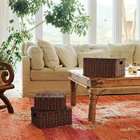 Panier de rangement artisanal avec couvercle, en rotin plastique écologique, idéal pour la maison, les placards et les étagères