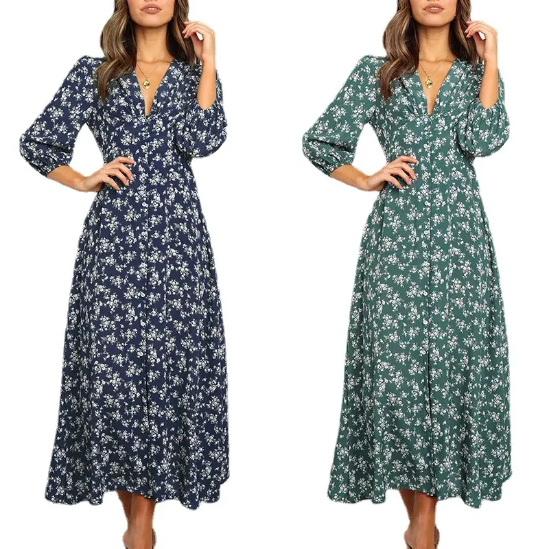 महिलाओं वी गर्दन लंबी शर्ट ड्रेस 2021 शरद ऋतु पुष्प प्रिंट तीन चौथाई आस्तीन स्प्लिट ड्रेस आकस्मिक बटन Boho मिडी कपड़े