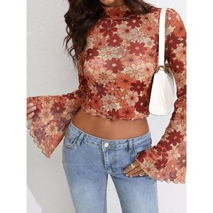 Women's Floral Print Sheer Mesh Crop <b>Top</b> Long Bell Sleeve Y2K Boho Shirt Everyday Wear - Product Image 5
