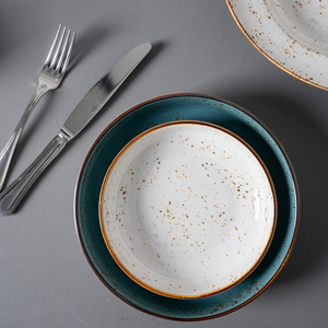 Plato Hondo Redondo de Porcelana Cerámica Rústica con Diseño Moteado P&T <span class=keywords><strong>para</strong></span> Servir la <span class=keywords><strong>Cena</strong></span> en Restaurantes y Hoteles (Venta al Por Mayor) - Product Image 2