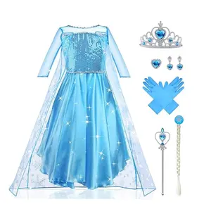 Girls Elsa Dress Up With Train Children Beading Long Sleeve Snow Print Halloween Carnival Party Princess Costume