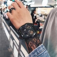 Jam Tangan Pria Oulm 1140 Dua Zona Waktu Gaya Fashion Ukuran Besar Jam Quartz Tali Kulit Asli Pria Jam Tangan Bercahaya