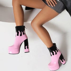 Fancy Fire Patchwork Round Toe Women Platform Short <b>Boots</b> Back Zipper Women Ankle Booties High Chunky Heels Shoes Customized - Product Image 4