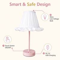 Lámpara de Mesa Inalámbrica Cottagecore con Pantalla de Lino, Recargable, Portátil, Luz de Noche con Base Rosa y Atenuador Táctil para Decoración de Dormitorio