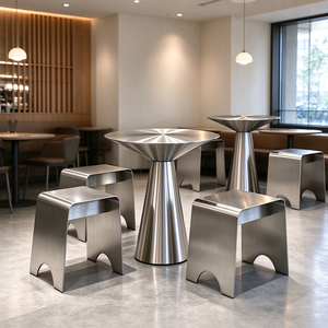 Muebles de Restaurante Modernos, Mesa Redonda de Acero Inoxidable Industrial y Juego de Taburetes Metálicos - Product Image 3