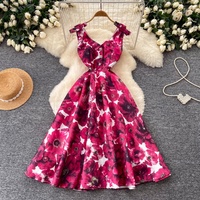 Robe midi élégante pour femme WIWT, imprimé floral rose, coupe trapèze, sans manches, col cœur, décontractée, pour les fêtes, les vacances et le quotidien