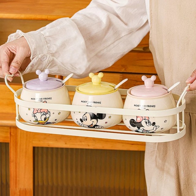 Mickey Minnie Ceramic Spice Jar Set Cartoon Seasoning Pot with Spoon Tray Condiment Container Kitchen Storage Gift Box