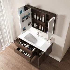 Meuble de salle de bain moderne intelligent avec vasque intégrée en céramique, combinaison noyer et vasque à poser - Product Image 4