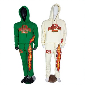 Chándal acampanado Serigrafía Pantalones de chándal apilados Estilo acampanado Alta calidad El más nuevo DTG DTF Chándales impresos diseño de llama - Product Image 1