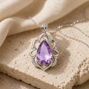 Collier pendentif en améthyste naturelle, argent sterling 925, pierre précieuse en forme de goutte d'eau, cadre en filigrane, bijoux pour femmes, cadeau d'anniversaire - Product Image 3