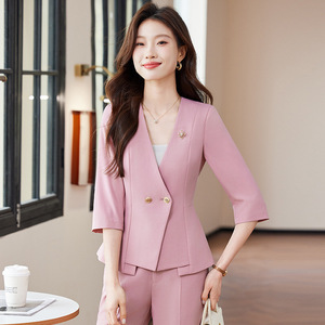 Pink Women's Suit Set Summer Thin Professional Casual Wear With Buttons Breathable Solid Color Polyester Fabric - Product Image 1