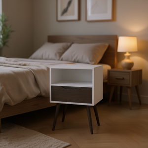 Table de chevet Fugaz avec étagère ouverte et tiroir, meuble de chambre à coucher de style mid-century moderne, finition blanc et chêne fumé - Product Image 2