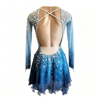 Robe de patinage artistique bleu dégradé et blanc, manches longues, dos croisé, strass, costume de compétition pour filles et femmes