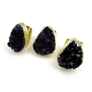 New Arrivals Fashion Gold Band Ring Natural Amethyst Druzy Ring Crystal Quartz Purple Drusy Rings Adjustable for Women Jewelry