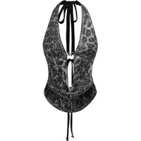 Haut court à sequins style Y2K pour femme, taille XS, imprimé léopard, col halter, décolleté plongeant, style clubwear