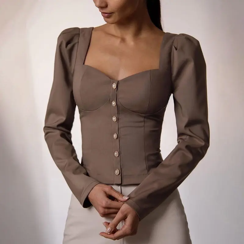 เสื้อเบลาส์แขนยาวของผู้หญิง,เสื้อมีกระดุมคอสี่เหลี่ยมลำลองปี KYM07226 2021