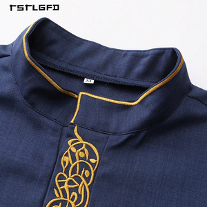<b>Men</b> Navy Blue <b>Thobe</b> Gold Thread Chain Embroidery Stand Collar Long Sleeve Loose Full-Length Saudi Islamic Modest Formal Robe - Product Image 6