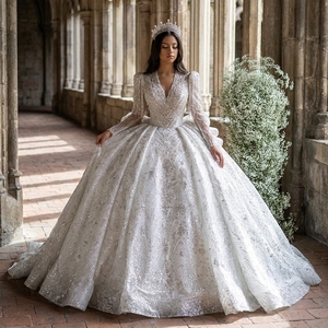 Lscm81 Princess Ball Gown <b>Wedding</b> Dress Beaded Lace With Crystal Luxury Bridal Gown Sweep Train Jancember - Product Image 1