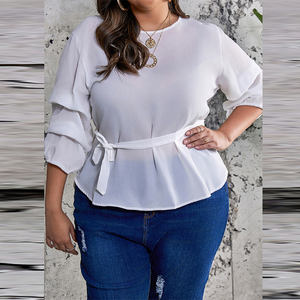 העליון שרוול שלושה רבעי מוצק אלגנט לנשים עם עלים עגולים חצי-גובי בתוספת גודל חגורת החולצה גודל קישוט הדפסה אלגנטי - Product Image 3