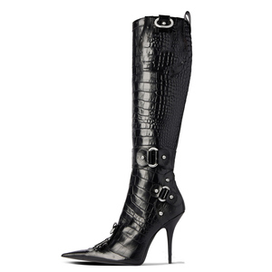 Women's Metal Decor Knee High Boots Pointed Toe Animal Print Long Booties Stiletto Side Zipper Stage <b>Shoes</b> - Product Image 2