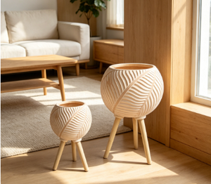 Leaf Embossed Spherical Tripod Plant Pot Set of 2, <b>Ball</b>-shaped Textured Standing Flower Planter with Wooden Legs, Indoor Outdoor - Product Image 3