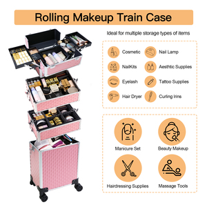 Valise Trolley de Maquillage <span class=keywords><strong>Obox</strong></span> à Roulettes en Aluminium, Mallette de Beauté Professionnelle Grande Capacité, Trousse à Cosmétiques de Luxe 4 en 1, Sac Tendance - Product Image 4