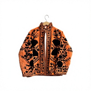 Orange Mandarin Collar <b>Jacket</b> With <b>Black</b> Floral Embroidery Full Sleeve Cotton Boho Style Women's <b>Jacket</b> - Product Image 1