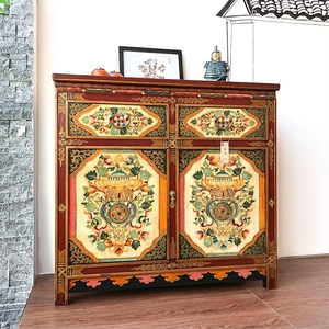 Handgefertigte Umweltfreundliche Langlebige Chinesische Antike Massivholz-Kommode mit Tibetischen Handbemalten Mustern - Product Image 6