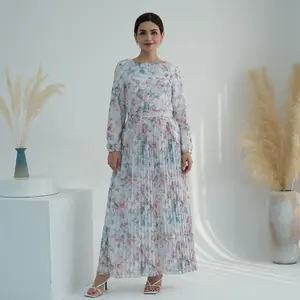 Sharut Wholesale Ramadan Dubai Modest Muslim Elegant Long Maxi Floral Print Pleated Chiffon Dress Abaya For Muslim Women Dress