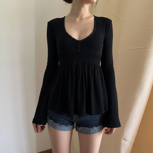 Woman's <b>Black</b> Long Sleeve <b>Top</b> with <b>Lace</b> Neckline Shirred Waist and Flared Hem Elegant 2025 New Model - Product Image 3