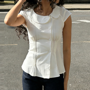 Blusa Babydoll Dulce y Linda con Solapa Asimétrica, Cintura Ajustada, Manga Corta, Color Sólido, Tejido Transpirable de Verano con Botones - Product Image 3