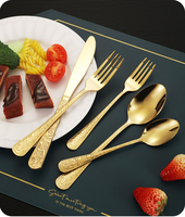 Ensemble de couverts de mariage dorés pour restaurant, en acier inoxydable martelé et poli au sable, comprenant couteaux, cuillères, fourchettes, finition miroir