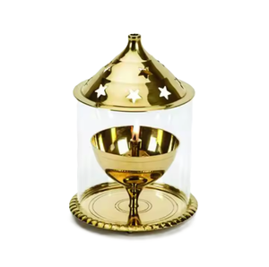 Medium <b>Brass</b> Jyoti Diya Elegant Traditional Indian Festive <b>Lantern</b> with Glass Cover for Home Pooja Rooms Decorations - Product Image 2