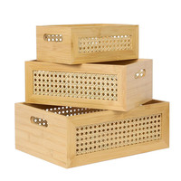 Ensemble de 3 boîtes de rangement tissées multifonctions, rectangulaires, en bambou et en rotin, avec poignée, pour la maison et le bureau