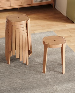 Tabouret rond moderne en bois massif, chaise ottoman en bois, siège de 32 cm, dossier de 45 cm, assise sans dossier pour salle à manger - Product Image 4