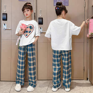 ชุดเสื้อยืดผ้าฝ้ายและกางเกงลายสก๊อตสำหรับเด็กผู้หญิงเสื้อผ้าวัยรุ่นแฟชั่นลำลองสำหรับฤดูร้อน - Product Image 3