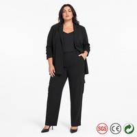 Ensemble de costume 2 pièces pour femmes, blazer long ouvert sur le devant, pantalon cargo slim, taille plus, noir, crêpe mat, chic, S à 5X