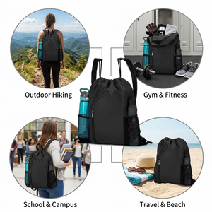 Drawstring Backpack 45cm Gym Sack Cinch <b>Bag</b> Water Resistant Front Zipper Pocket Dual Mesh Side Pockets Women Sports <b>Beach</b> School - Product Image 4
