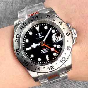 Jam tangan mekanis baja Tandorio NH34 oranye GMT jam tangan pria 24 jam baja Bezel 904L gelang safir kaca Relogio Masculino