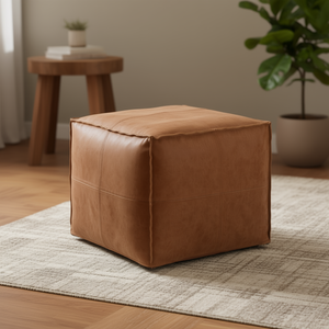 DB Brody Square <b>Pouf</b> Distressed Brown Genuine <b>Leather</b> Home Ottoman Living Room Furniture - Product Image 2
