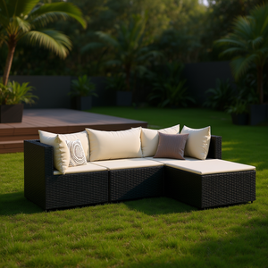 Set Lounge da Esterno in Rattan Nero con Cuscini Crema - Sedute Contemporanee per Uso Residenziale - Product Image 2