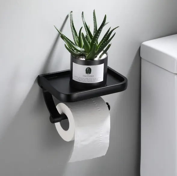 Hot Selling Wall Mounted Space Aluminum Black Toilet Tissue Paper Towel Holder With Mobile Phone Shelf