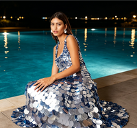 Robe longue de soirée élégante et scintillante pour femme, bleu dégradé, à paillettes, en mousseline, col halter, coupe trapèze, effet illusion, à séchage rapide